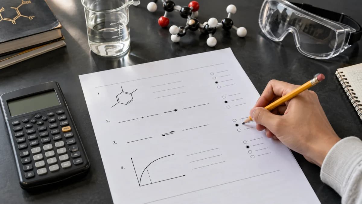 Student completing chemistry multiple-choice practice beside a calculator, molecular models, and laboratory glassware