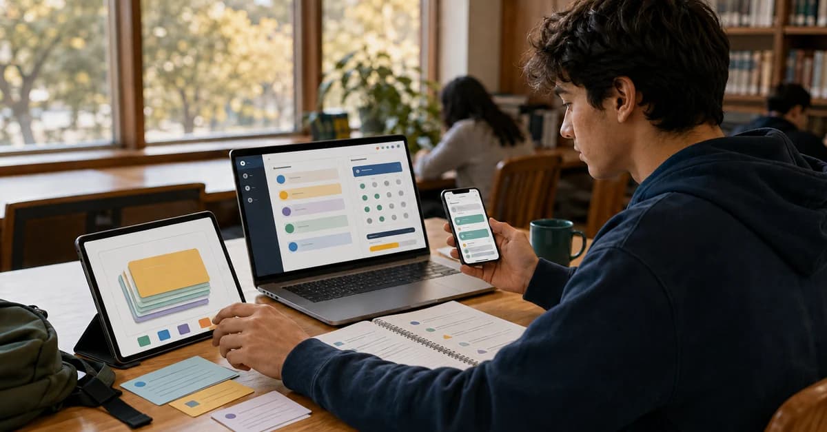 University student comparing AI-powered study activities across a laptop, tablet, and phone