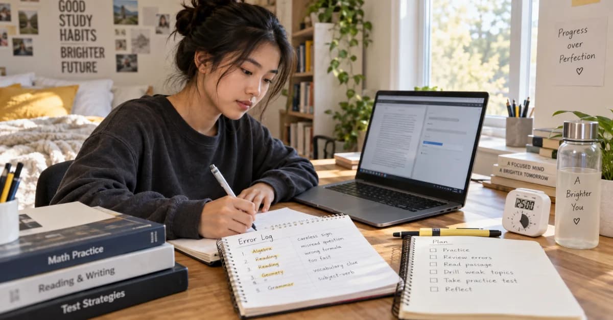 Student preparing for the digital SAT with a laptop, error log and focused study plan