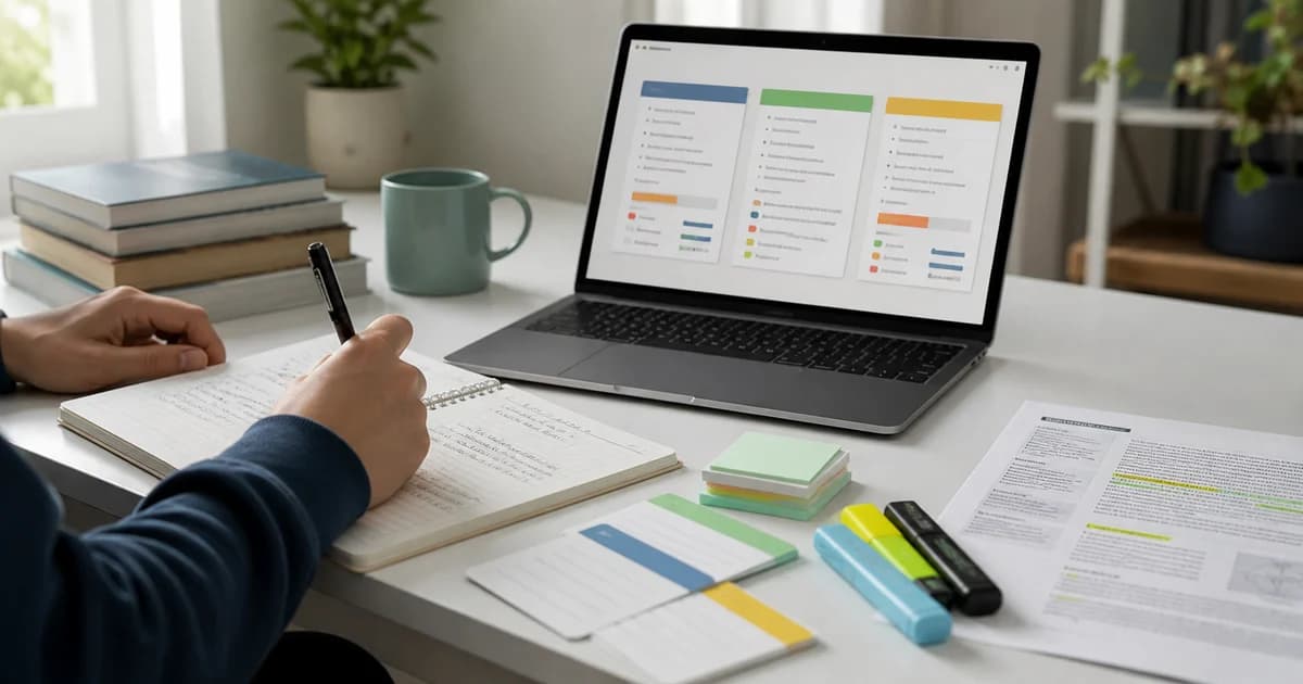 Student desk with laptop, notes, flashcards, and PDF material for comparing AI study notes tools