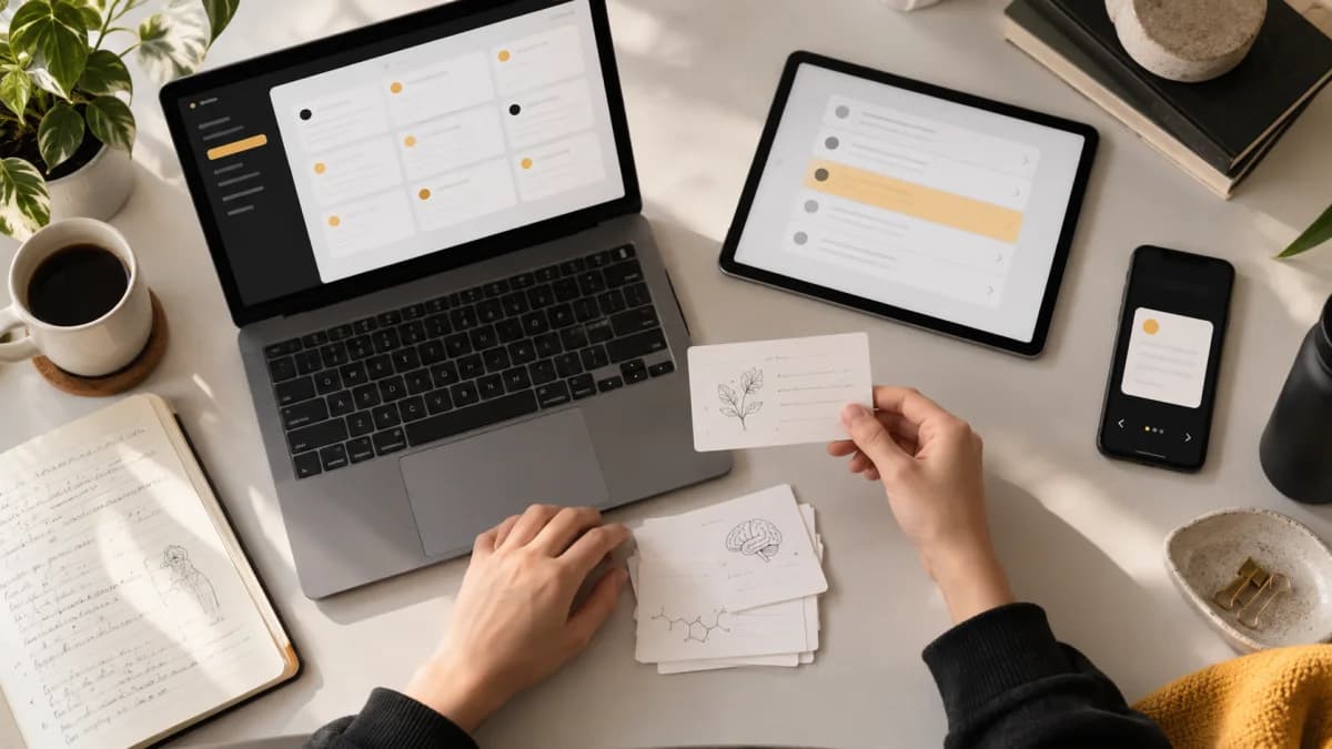 Student comparing digital flashcard workflows on a laptop, tablet, phone, and paper cards