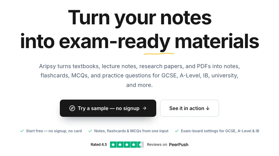 Aripsy homepage showing its source-to-revision-material workflow