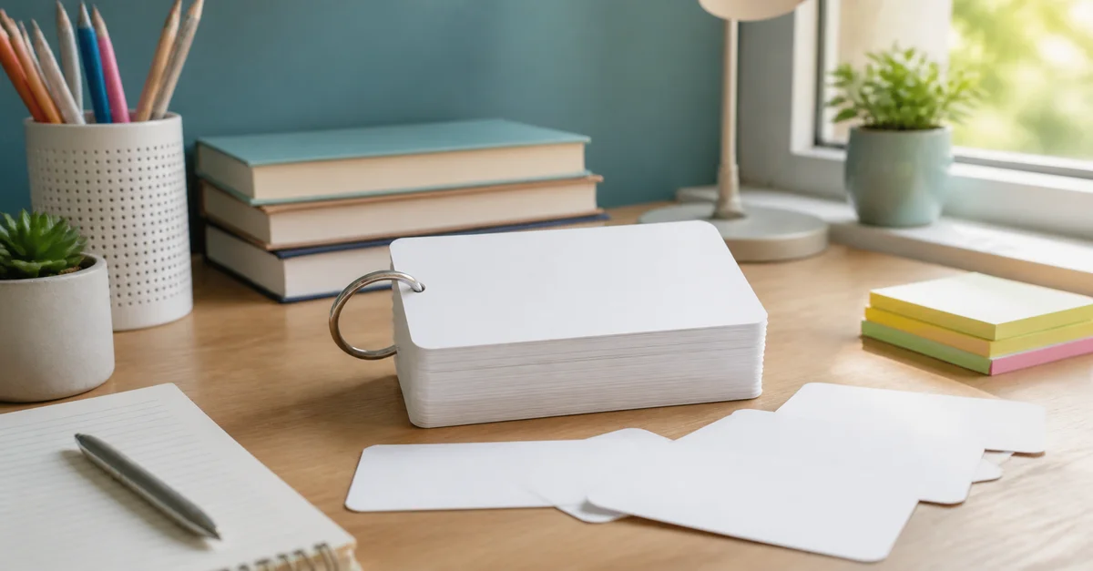Blank flashcards on a study desk with books, notebook, lamp, and natural light