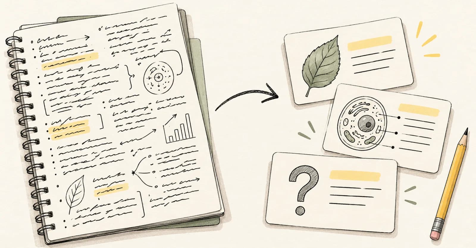 Illustration of dense handwritten lecture notes becoming focused flashcards