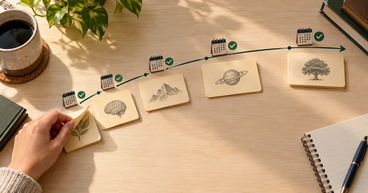 Flashcards arranged along increasingly spaced review dates on a study desk