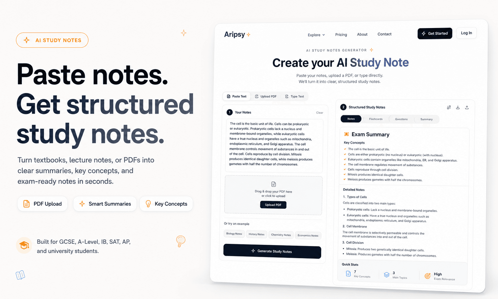 Aripsy AQA GCSE Chemistry revision notes generator showing atomic structure, bonding, and quantitative chemistry topics