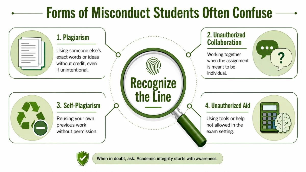 Four commonly confused forms of misconduct: plagiarism, unauthorized collaboration, self-plagiarism, and unauthorized aid