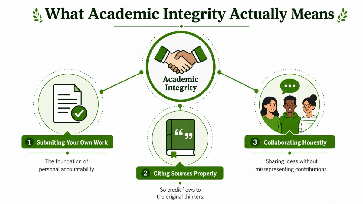 Academic integrity explained through submitting your own work, citing sources properly, and collaborating honestly