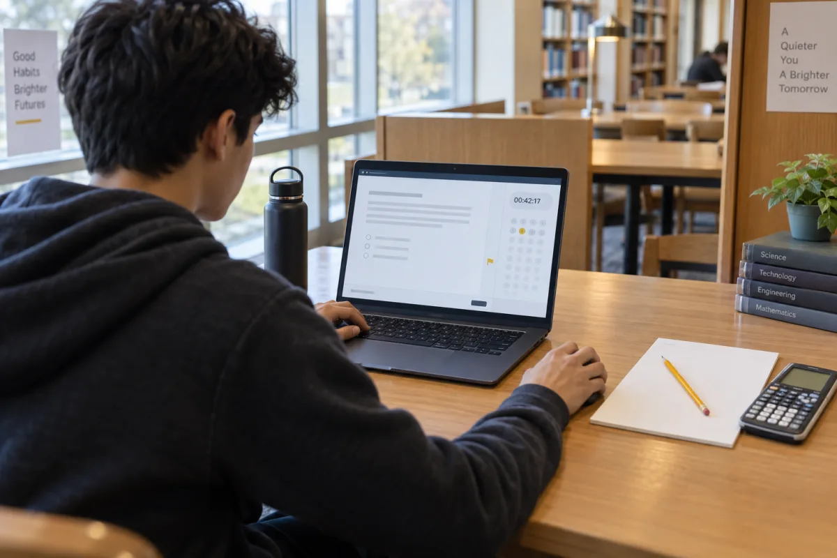 Student completing a timed digital practice session in a quiet library with scratch paper and calculator ready