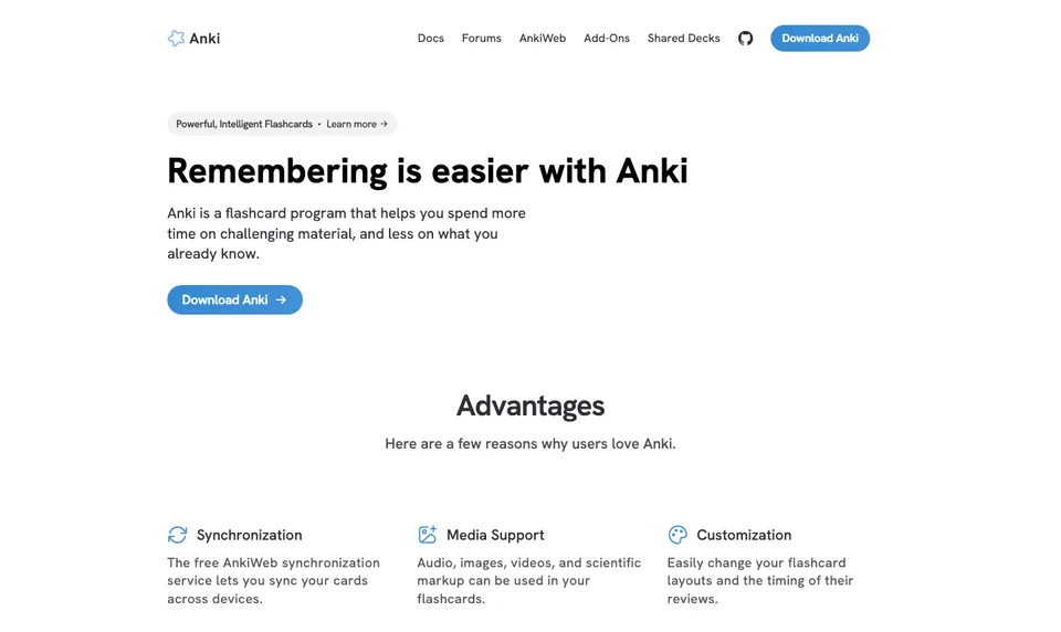 Anki homepage showing spaced repetition flashcard software and download options