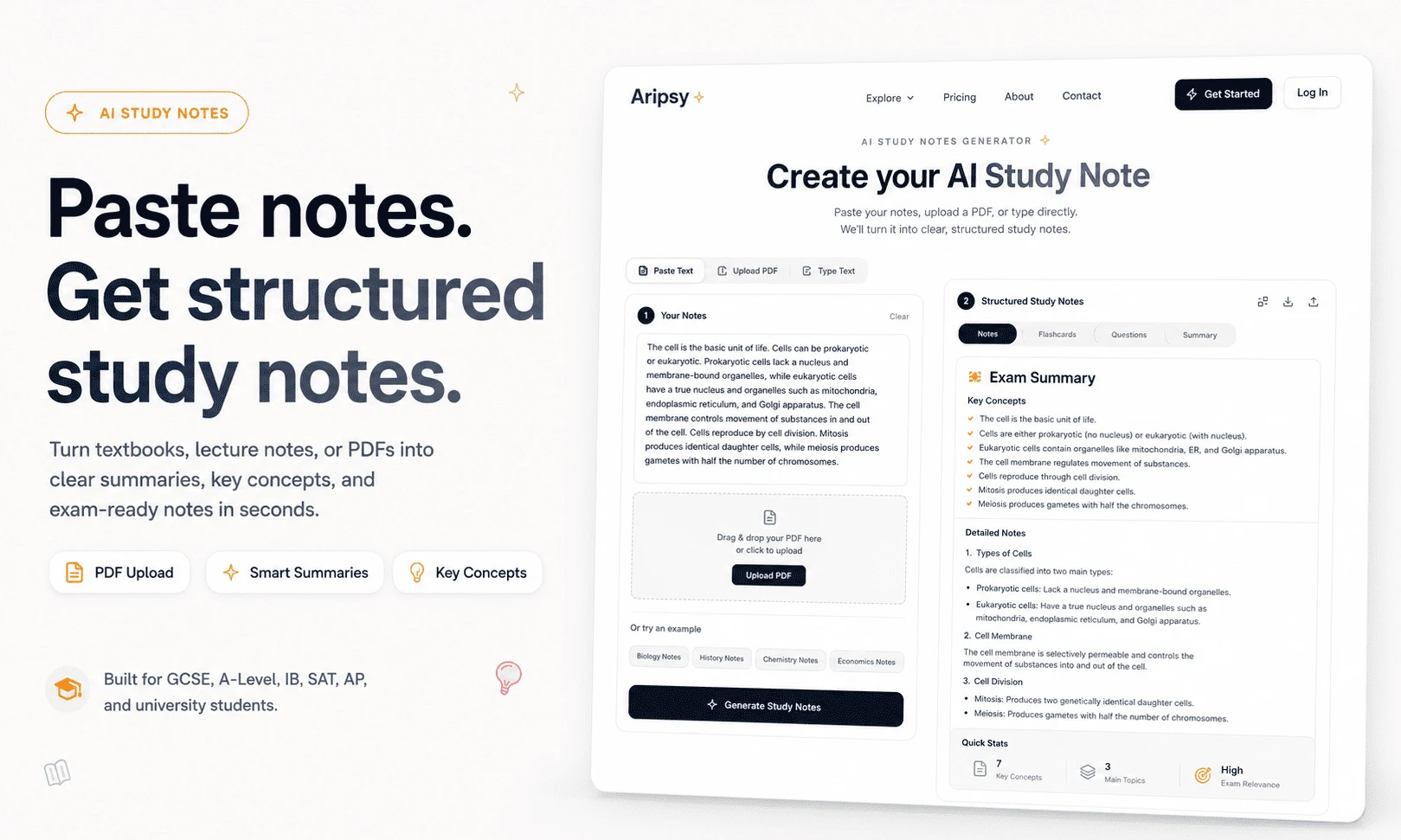 Aripsy homepage showing the AI study tool workflow for turning notes into exam-ready materials