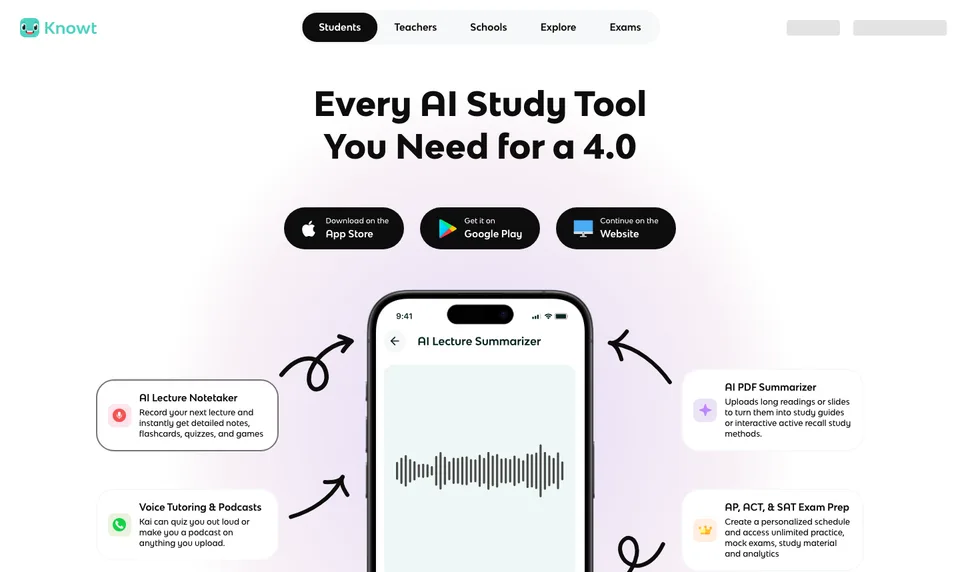 Knowt homepage showing AI study tools for lectures, flashcards, and learning workflows