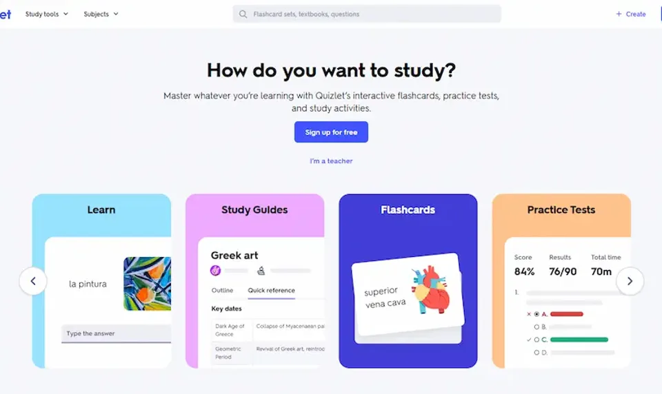 Quizlet homepage showing study modes, flashcards, study guides, and practice tests