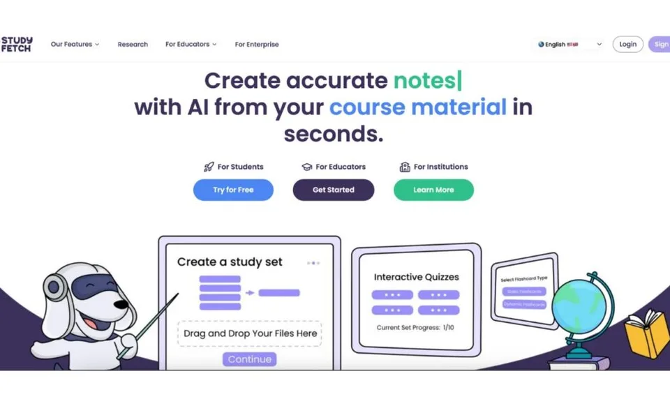StudyFetch homepage showing AI notes, course material upload, quizzes, and study sets
