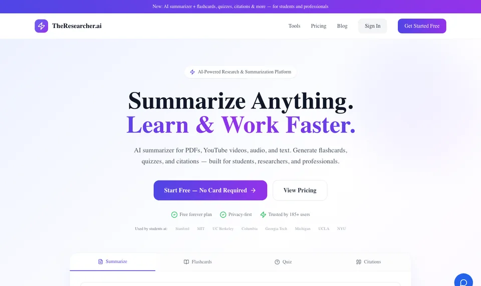 TheResearcher.ai homepage showing AI summarization, flashcards, quizzes, and study modes