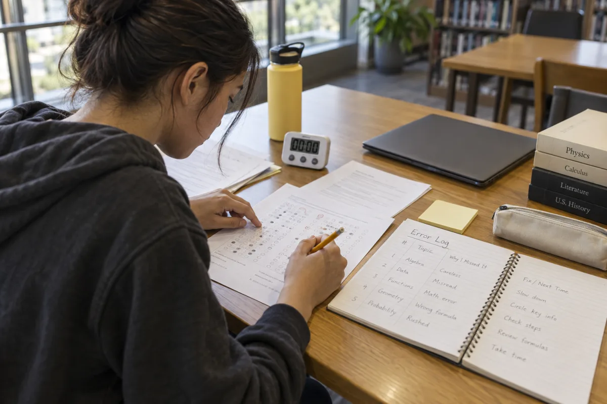 AP student reviewing a completed practice test and recording mistakes in an error log