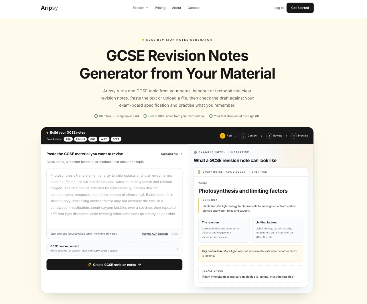 Aripsy GCSE revision notes generator with exam-board options, a paste box for your own material and an example AQA Biology note