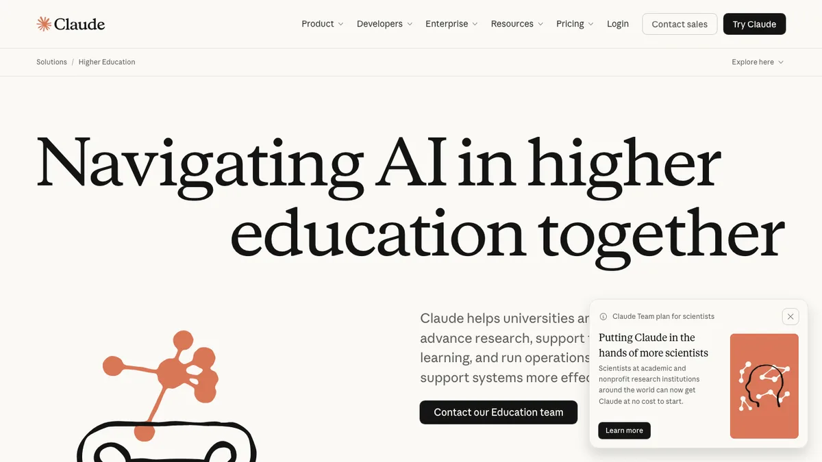 Claude higher-education page describing its university-focused AI offering