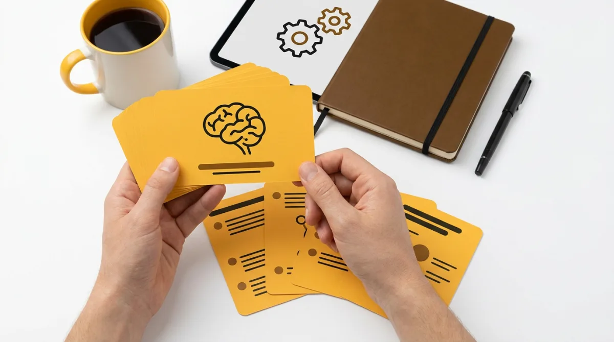 Hands reviewing illustrated flashcards at a desk with a notebook and tablet
