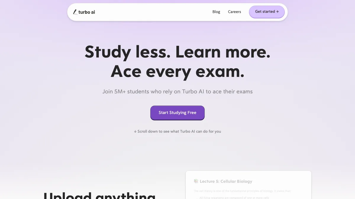 Turbo AI student page introducing its lecture and study-material workflow