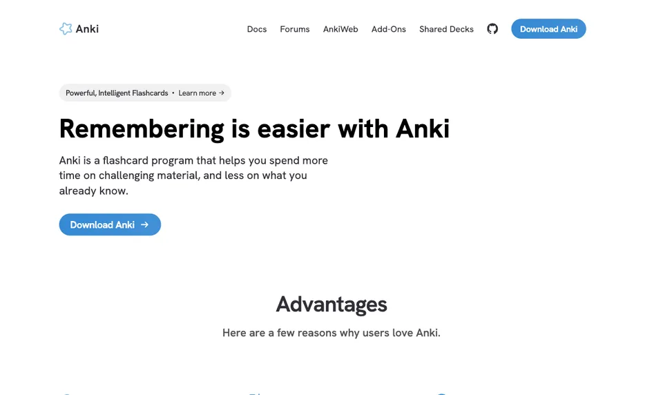 Anki homepage showing spaced repetition flashcard software