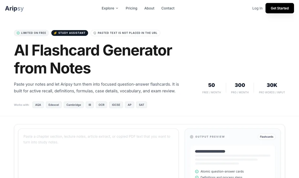 Aripsy AI flashcard generator page showing notes-to-flashcards workflow