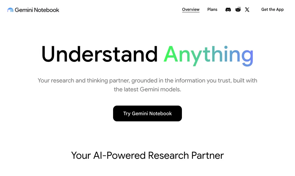NotebookLM homepage showing source-grounded AI research and study workspace