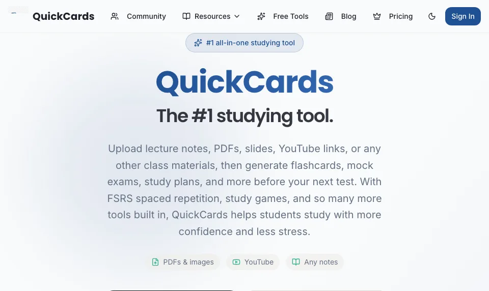 QuickCards homepage showing PDF, image, YouTube, and notes-based study tools