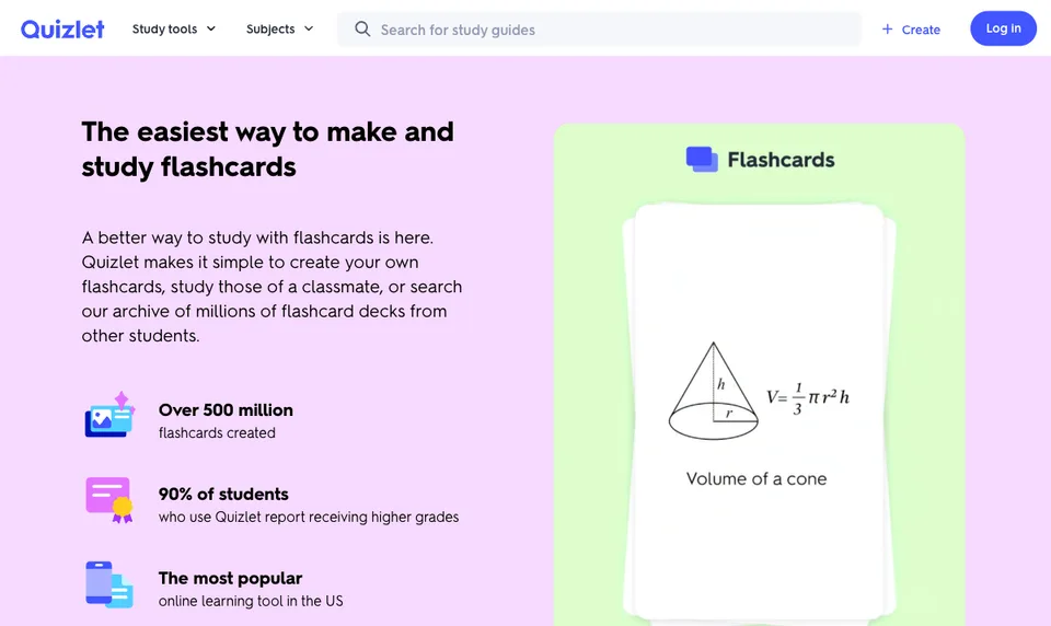 Quizlet flashcards page showing online flashcard maker features