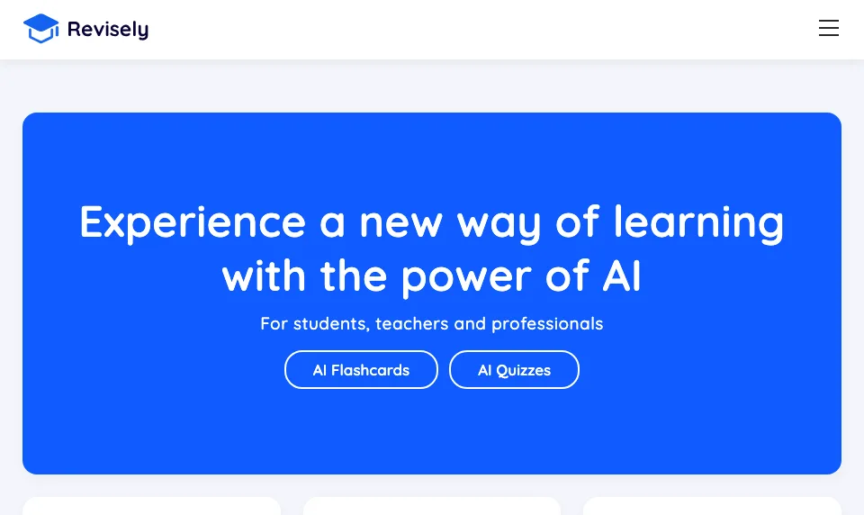 Revisely homepage showing AI flashcards and quiz tools for students