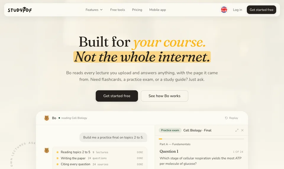 StudyPDF homepage showing document-grounded AI study tools and flashcards