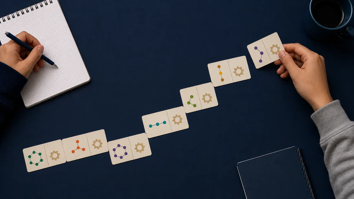 Hands matching illustrated cards in a Krebs cycle enzyme-intermediate domino game