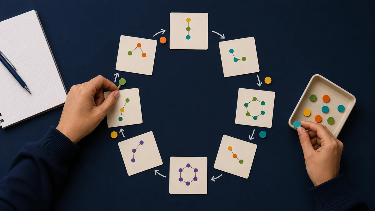 Hands placing coloured output tokens around an eight-card Krebs cycle study game