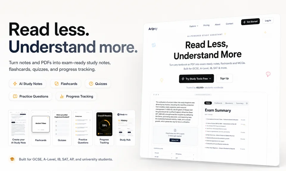 Aripsy homepage showing AI study notes, flashcards, quizzes, and progress tracking
