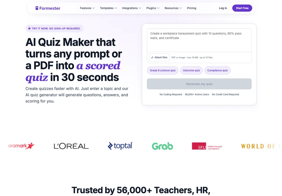Formester AI quiz and form builder homepage screenshot