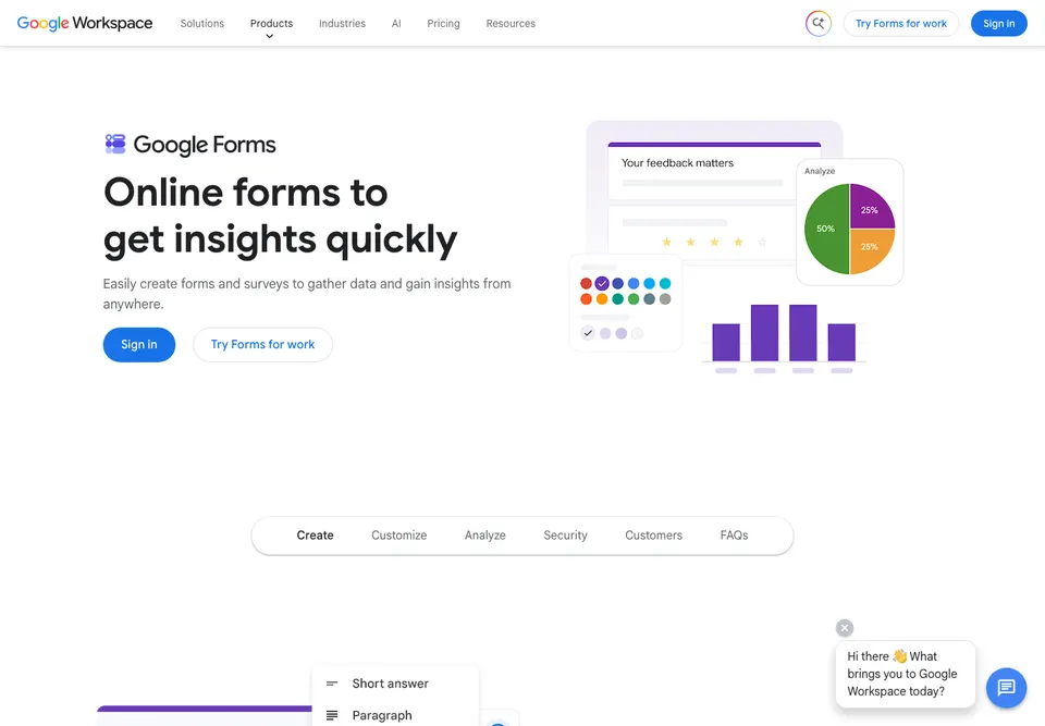 Google Forms form builder homepage screenshot