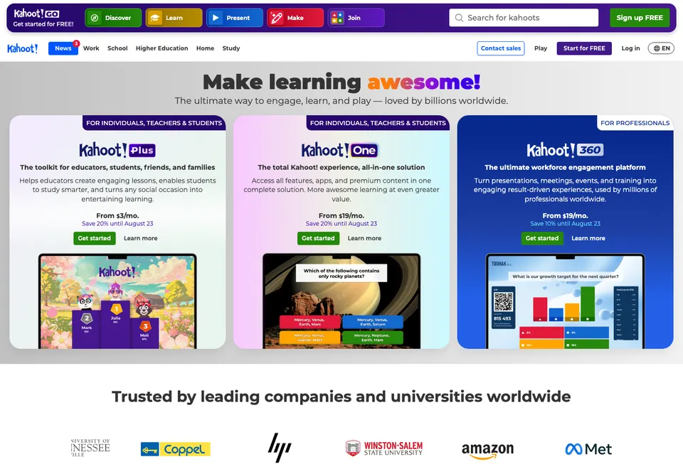 Kahoot live quiz platform homepage screenshot