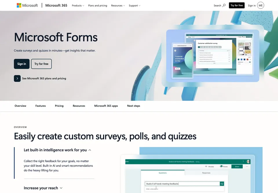 Microsoft Forms quiz and survey homepage screenshot