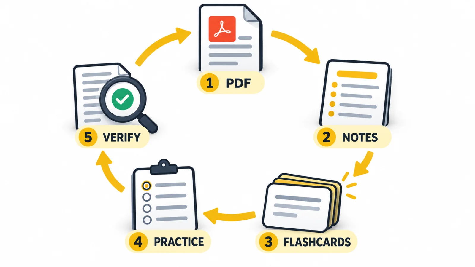 Five-step loop from a PDF to notes, flashcards, practice, and verification