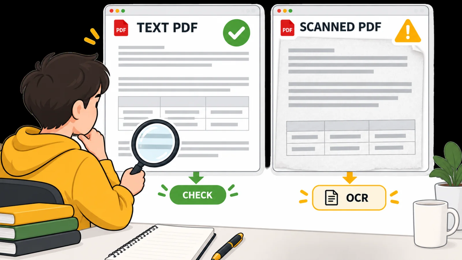 Comparison of a clean text PDF and a scanned PDF that needs OCR and checking