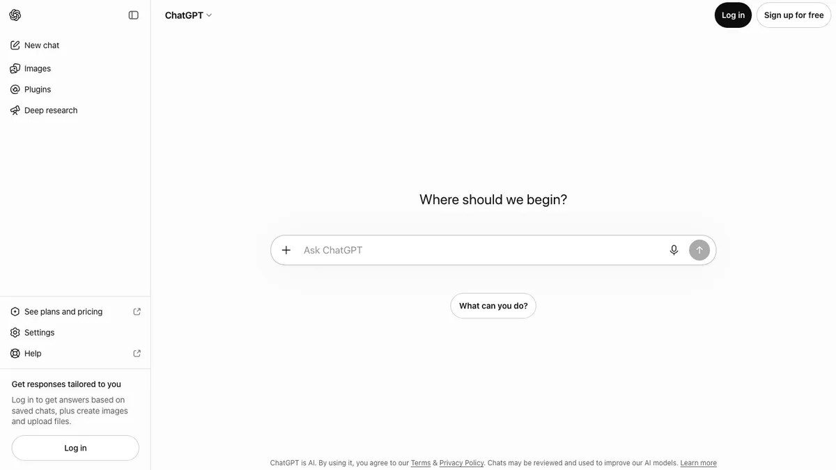 ChatGPT homepage with the conversation prompt box