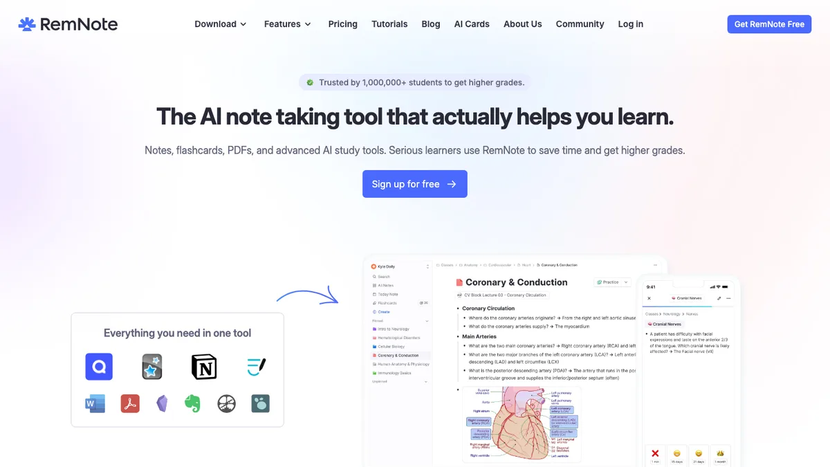 RemNote homepage showing linked notes and flashcards