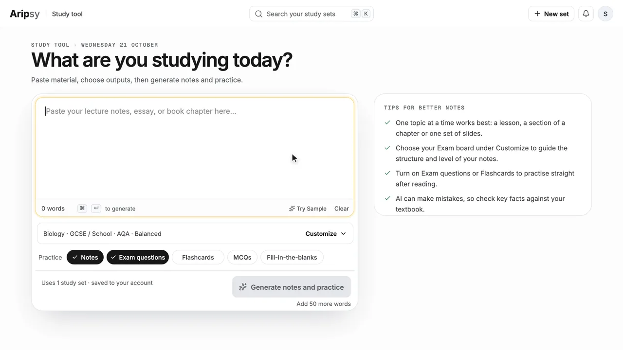 Aripsy demo: notes turned into study notes, flashcards and practice questions